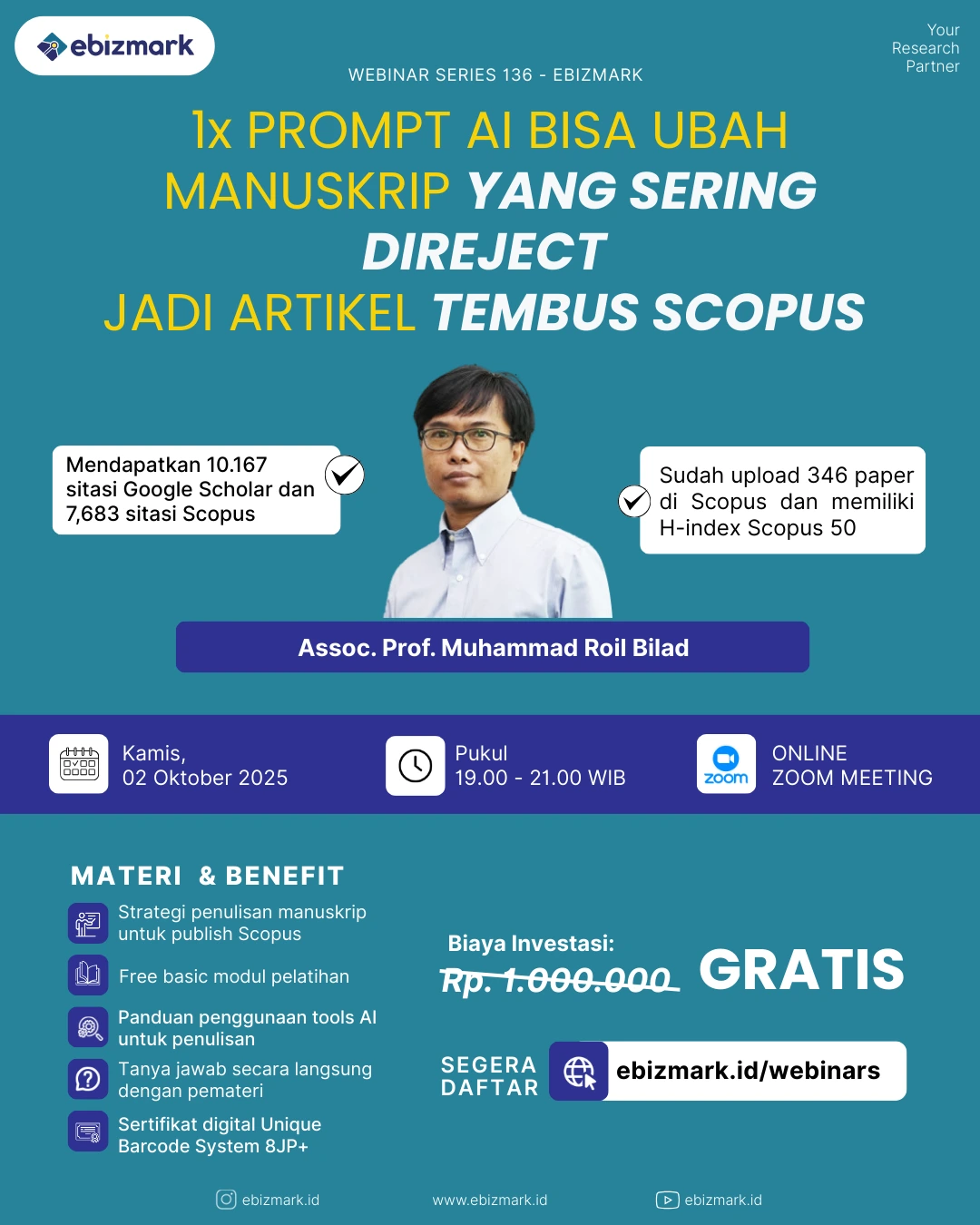Webinar 1x Prompt AI Bisa Ubah Manuskrip yang Sering di-Reject jadi Artikel Tembus Scopus